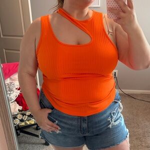 SHEIN Orange Ribbed Asymmetrical Cutout Tank Top